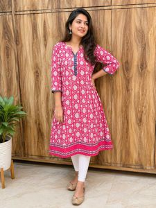 Pink Floral Print Cotton Kurta Size-34