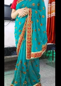 Beautiful Teal Embroidered Saree