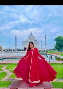 Elegant Red Tiered Gown with Embellished Dupatta