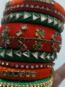 Stunning Orange &amp; Green Silk Thread Bangles