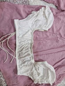 White Puff Sleeve Tie-Front Crop Top