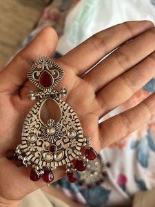 Oxidized Silver Jhumka Earrings with Red Stones