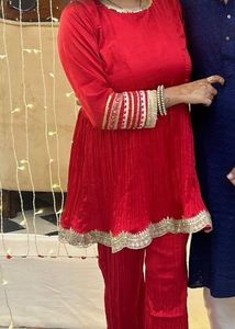 Red Kurta Set with Embellished Sleeves