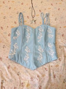 Light Blue Corset Top with White Embroidery