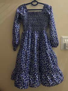 Blue Floral Smocked Midi Dress