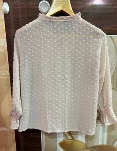 Sheer Swiss Dot Tie Neck Blouse