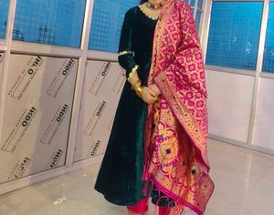 Elegant Ethnic velvet anarkali with bnarsi Shawl