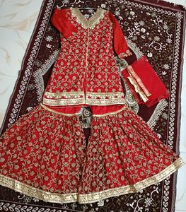 Red Embroidered Kurta Set with Sharara
