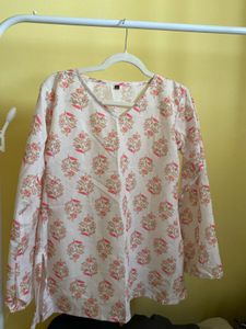 White Kurta with Pink Floral Print