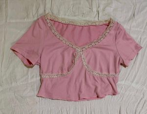 Cute Pink Lace Trim Top