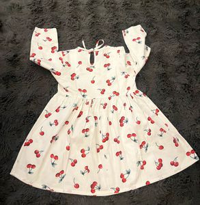 Cute Cherry Print Long Sleeve Pure Cotton Dress