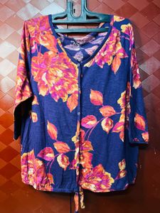 Blue Floral Print Button-Up Top