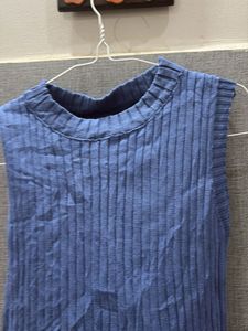 Blue Ribbed Sleeveless Mock Neck Top