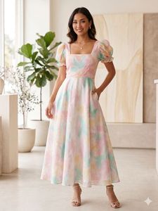 Tie-Dye Puff Sleeve Midi Dress
