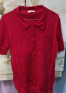 Red Button-Up Casual T-Shirt