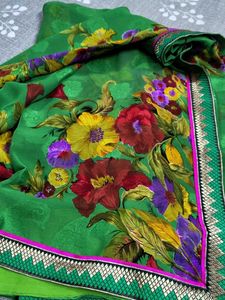 Vibrant Floral Print Green Saree