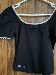 Cute Black Puff Sleeve Lace Trim Top