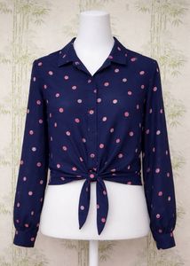 Navy Blue Polka Dot Tie-Front Blouse
