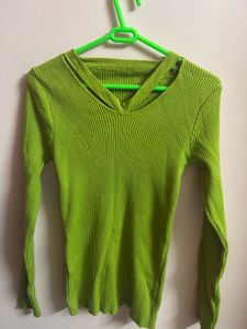 Lime Green Ribbed V-Neck Top