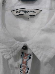 Embroidered White Unisex Button-Up Shirt