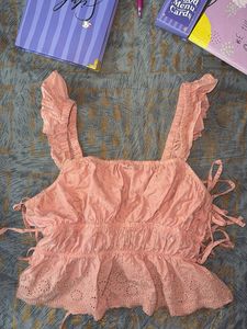 Chikankari Peach Ruffle Crop Top