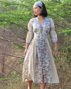 Ivory Blue Blockprinted Bel Cotton Dress