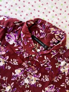 Maroon Floral Print Short Sleeve Shirt