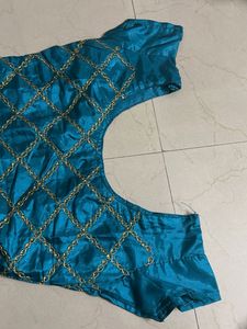 Teal Silk Blouse with Gold Embroidery