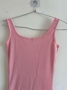 Pink Ribbed Midi Dress with Side Slit