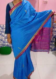 Vibrant Blue &amp; Pink Saree with Gold Motifs