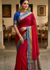 Red Saree with Blue and Gold Border