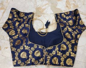 Navy Blue Brocade Blouse with Gold Print