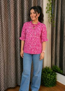 Chic Pink Floral Blouse with Tie-Up Neck