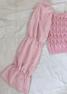 Pink Square Neck Balloon Sleeve Top