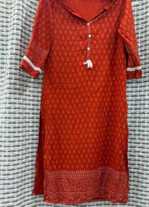 Orange Printed Kurta with Tassel Detail
