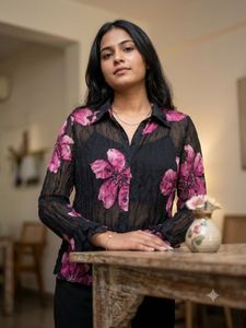 Sheer Floral Print Button-Up Shirt