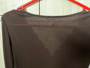 Brown Ribbed Lace Neckline Top