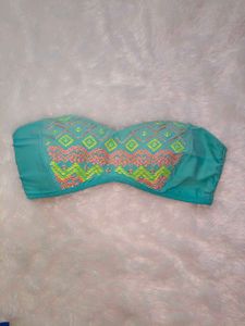 Teal Bikini Top with Geometric Embroidery