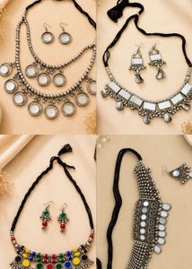 Bohemian Oxidized Silver Mirror Necklace Set