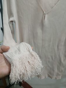 Light Pink Long Sleeve Top with Feather Cuffs