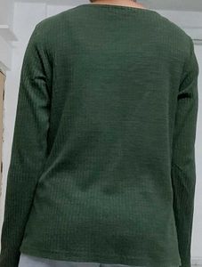 Green Crisscross Neck Ribbed Long Sleeve Top