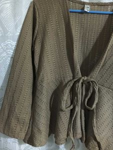 Brown Tie-Front Crochet Top
