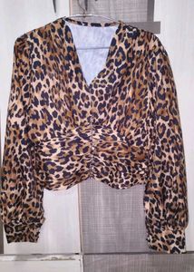 Leopard Print V-Neck Ruched Crop Top