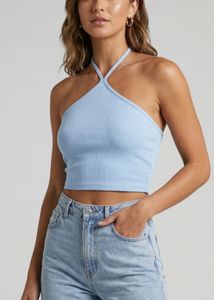 Light Blue Ribbed Halter Neck Crop Top
