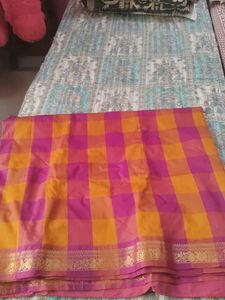 Vibrant Pink & Orange Checked Saree