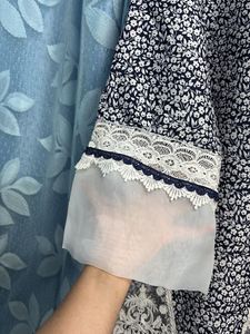 blue Floral Pakistani style Kurta with Lace Detail