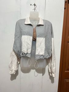 Grey &amp; White Cropped Zip-Up Jacket