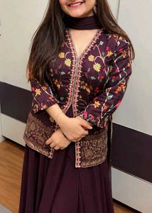 Padded Wine Rich brocade Jacket Style skirt set