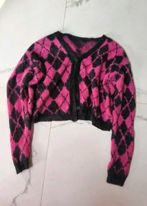 Argyle Cropped Cardigan,black pink sweater