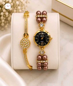 Elegant Gold Pearl Watch &amp; Bracelet Set
